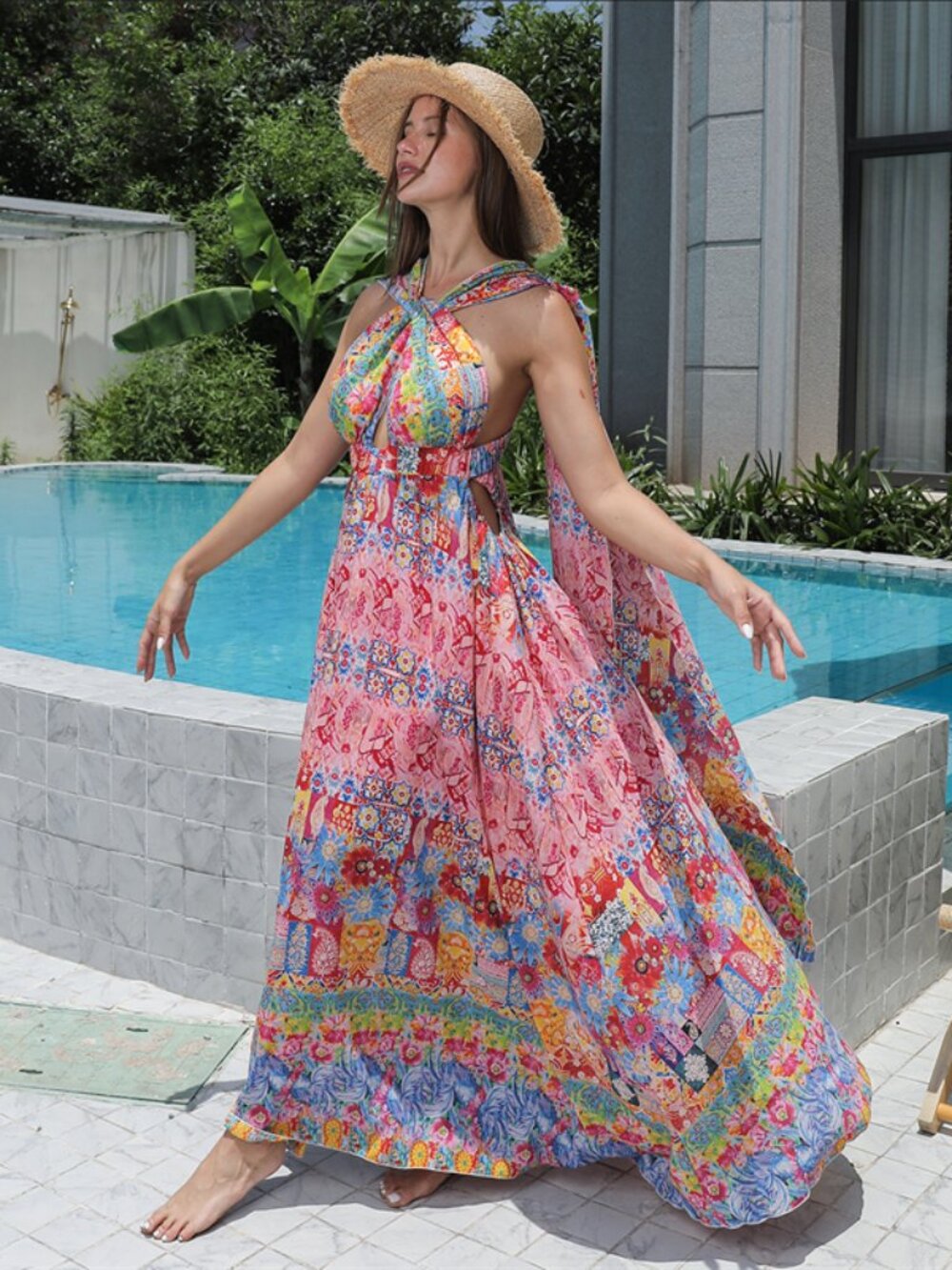 Women's Red Floral Maxi Dress – Large Hem Flowy Long Dress